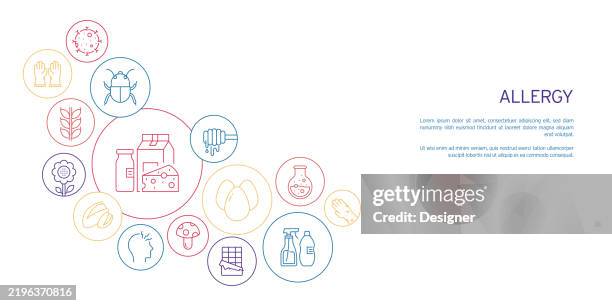 allergy related vector illustration. basic allergens, nut, soybean, pet, mushroom, gluten, corn, milk, chocolate. - allergies stock illustrations