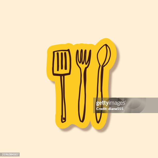 gekritzelte küchenutensilien aufkleber - löffel stock-grafiken, -clipart, -cartoons und -symbole