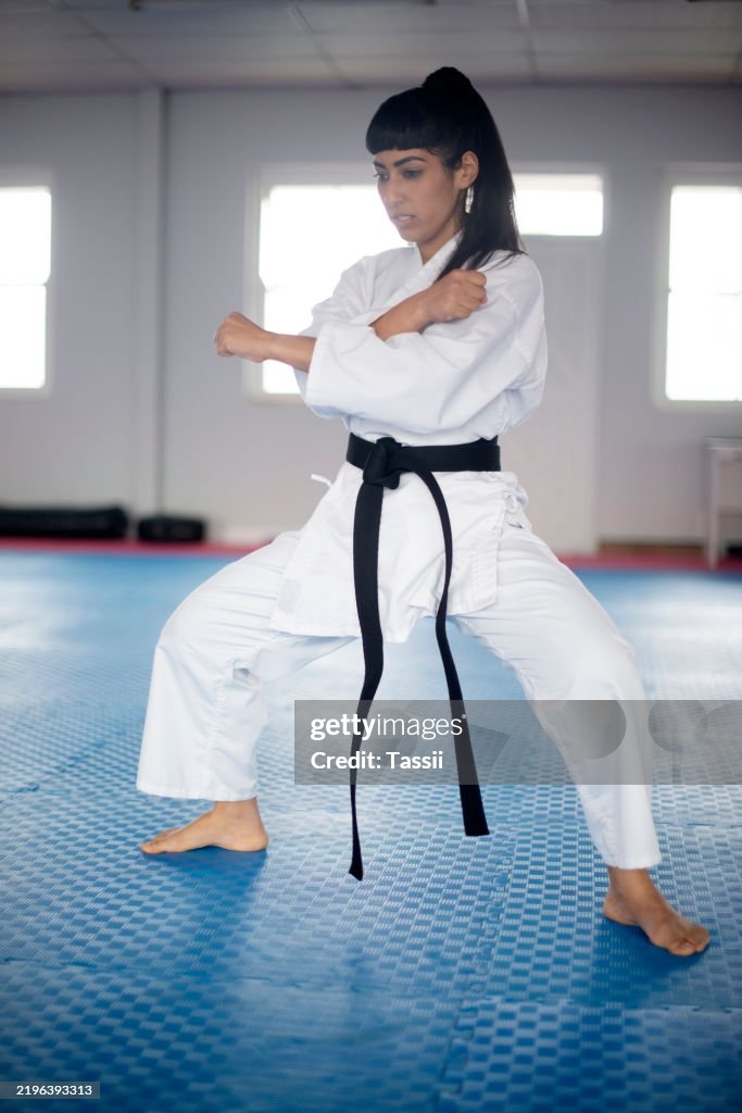 Dojo Workout Fitness Woman Or Karate In Dojo For Stance Kung Fu Practice Or Self ...