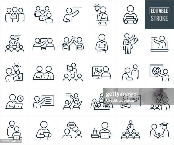 stockillustraties, clipart, cartoons en iconen met teachers and professors thin line icons - editable stroke - icons include teachers teaching, students learning, schoolteachers, educator, lecturer, lecture, classroom, education, instruction, trainer, training, teacher using computer, ai in education - klaslokaal