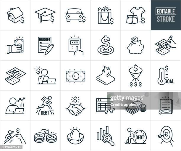 persönliche finanzen thin line icons - bearbeitbarer strich - zu den symbolen gehören geldmanagement, finanzen, geld verdienen, geld zuweisen, budgetierung, ausgaben, finanzplan, lebensmittel, hypothek, autokredit, person, die geld verwaltet, keine schul - haushaltskosten stock-grafiken, -clipart, -cartoons und -symbole