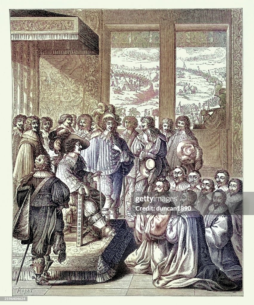 Hombres arrodillados ante Luis XIII Rey de Francia, Ejército se puede ver a través de la ventana, París del siglo XVII, 1629, Historia de Francia