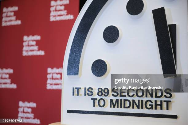 The 2025 Doomsday Clock time is displayed after the time reveal held by The Bulletin of the Atomic Scientists at the United States Institute of Peace...