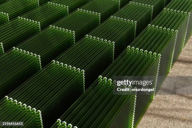 high angle view of tubular algae bioreactors fixing co2 to produce biofuel as an alternative fuel - carbon capture stock-fotos und bilder