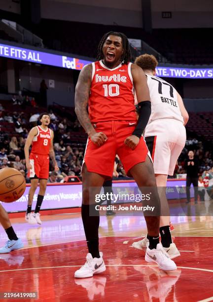 Kamani Johnson of the Memphis Hustle celebrates against the Raptors 905 on January 31, 2025 at Landers Center in Southaven, Mississippi. NOTE TO...