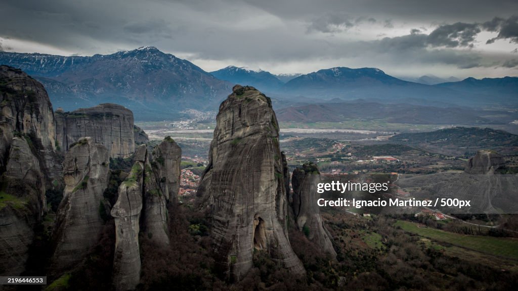 Meteora rock formations with Kalambata in the back in a winter day Greece