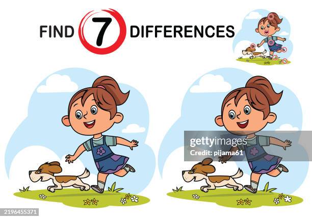 find 7 differences in the picture. cute girl and little dog running on the grass. educational game for kids. worksheet page - puzzle stock illustrations