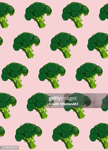seamless pattern of illustrated broccoli on colored background - broccoli isolated stock illustrations