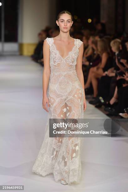 Model walks the runway during the Celia Kritharioti Haute Couture Spring-Summer 2025 show as part of Paris Fashion Week at on January 28, 2025 in...