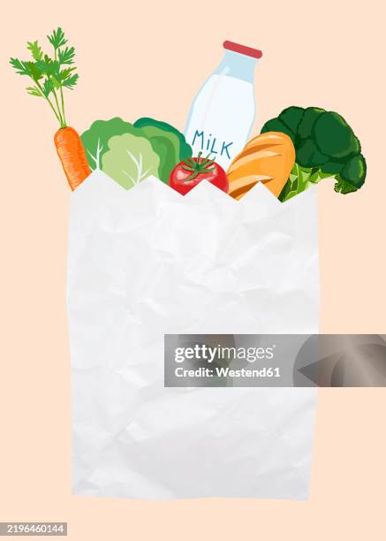 illustrations, cliparts, dessins animés et icônes de illustration of white paper bag with vegetables against peach background - bouteille de lait