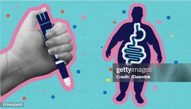 collage-stil hand mit semaglutid-injektionsstift gewichtsverlust und gesundheitskonzept für das verdauungssystem mit silhouette einer übergewichtigen person und leuchtenden farben - körperbewusstsein stock-grafiken, -clipart, -cartoons und -symbole
