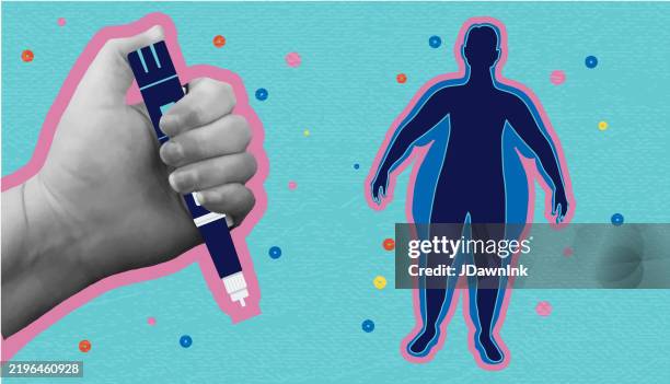 collage style hand holding semaglutide injection pen weight loss health concept with silhouette of obese person losing weight and vibrant colors - ad-pen stock illustrations