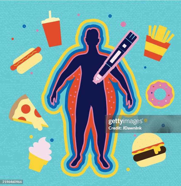 semaglutid-injektionsstift ungesundes essen junk-food-diätkonzept mit silhouette einer übergewichtigen person, die gewicht verliert und leuchtende farben - körperbewusstsein stock-grafiken, -clipart, -cartoons und -symbole