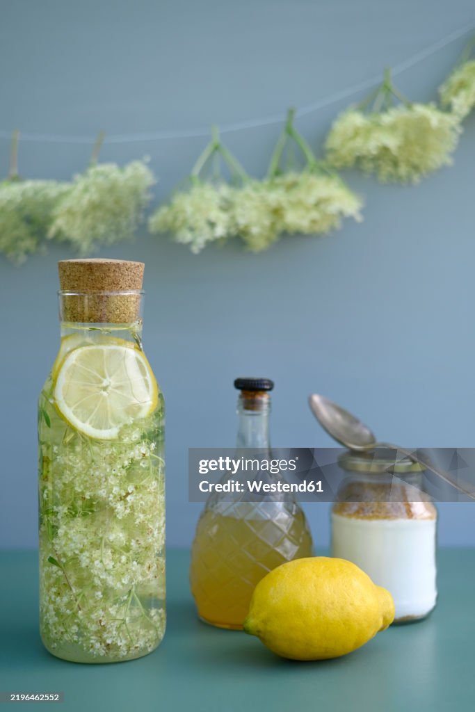 Homemade elderflower juice with lemon and mason jar in a summer garden in AltesLand, Hamburg