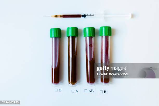 blood test vials and syringe on a white background, labeled with blood groups o, a, ab, and b - blood group stock pictures, royalty-free photos & images