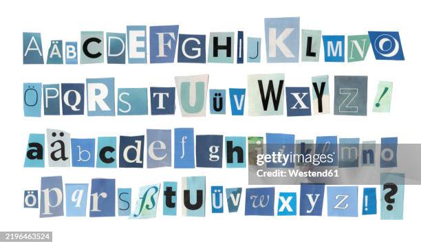 blue cut-out letters of the alphabet arranged with both uppercase and lowercase letters, collaged typography - sammelalbum stock-fotos und bilder