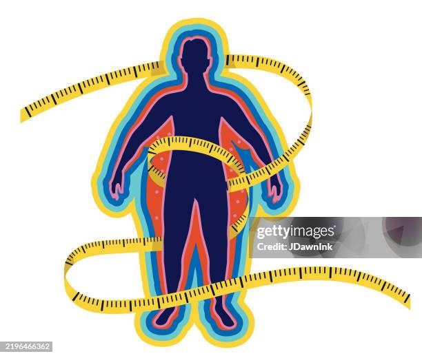 ilustraciones, imágenes clip art, dibujos animados e iconos de stock de concepto de alimentación saludable y pérdida de peso de alimentos con silueta de persona obesa que pierde peso con cinta métrica sobre fondo blanco - cinta-métrica