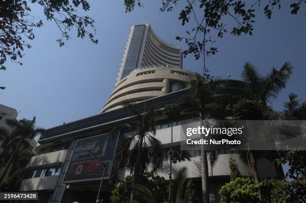 Live screen showcases the union budget announcement by Nirmala Sitharaman at the Bombay Stock Exchange headquarters in Mumbai, India, on February 1,...
