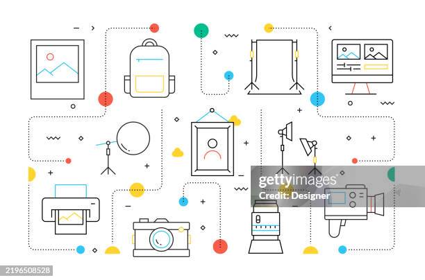 photography related vector illustration. camera, lens, camera film, dslr, memory card, studio light - lightbox stock illustrations