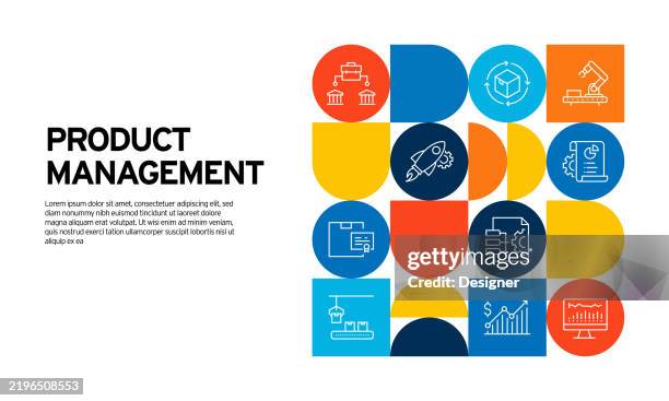 product management related vector illustration. merchandise, quality, improvement, organization, agile development, expertise - performance management system stock illustrations