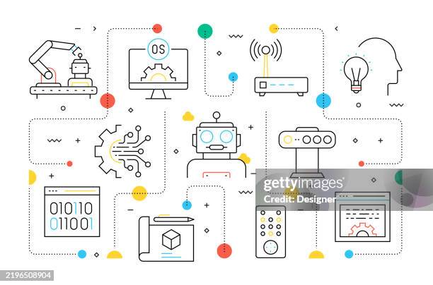 robotics related vector illustration. machine learning, artificial intelligence, automated, robot, futuristic, computer. - matrix code stock illustrations
