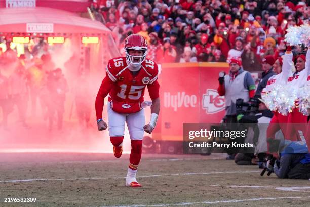 Patrick Mahomes of the Kansas City Chiefs runs out of the tunnel prior to the AFC Championship NFL football game against the Buffalo Bills at GEHA...