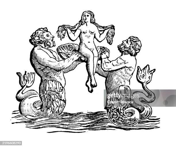cytherea, venus or aphrodite supported by tritons - goddess stock illustrations
