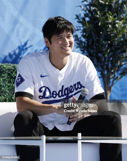 Los Angeles Dodgers star Shohei Ohtani attends a DodgerFest fan event in Los Angeles on Feb. 1, 2025.