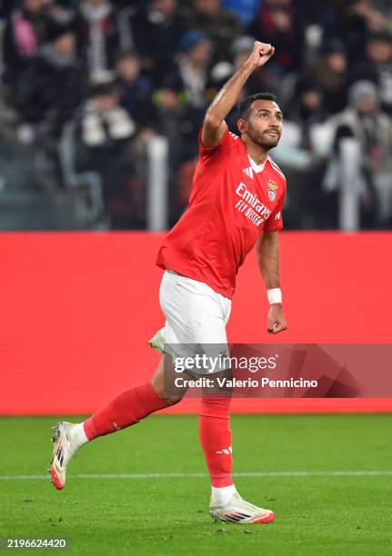 Evangelos Pavlidis of SL Benfica celebrates scoring his team's first goal during the UEFA Champions League 2024/25 League Phase MD8 match between...