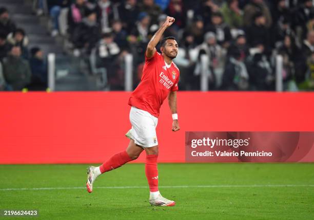 Evangelos Pavlidis of SL Benfica celebrates scoring his team's first goal during the UEFA Champions League 2024/25 League Phase MD8 match between...