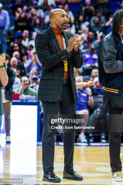Collis Temple III is congratulated at half time during a game between the LSU Tigers and the Texas Longhorns on February 01 at the Pete Maravich...