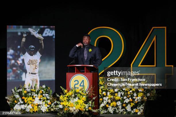 Ken Griffey Jr. Delivers remarks during Oakland A's great Rickey Henderson's Celebration of Life Ceremony as it's held at the Oakland Arena in...