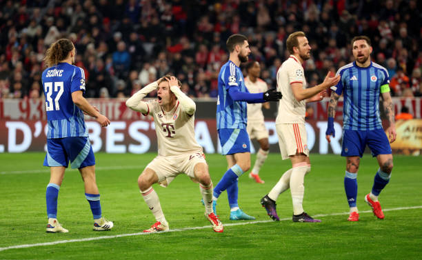 Thomas Mueller of Bayern Munich reacts after a missed chance during the UEFA Champions League 2024/25 League Phase MD8 match between FC Bayern...
