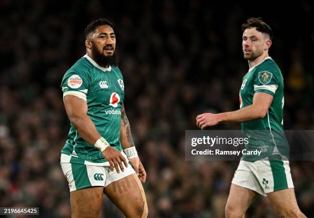 Dublin , Ireland - 1 February 2025; Bundee Aki, left, and Hugo Keenan of Ireland during the Guinness Six Nations Rugby Championship match between...