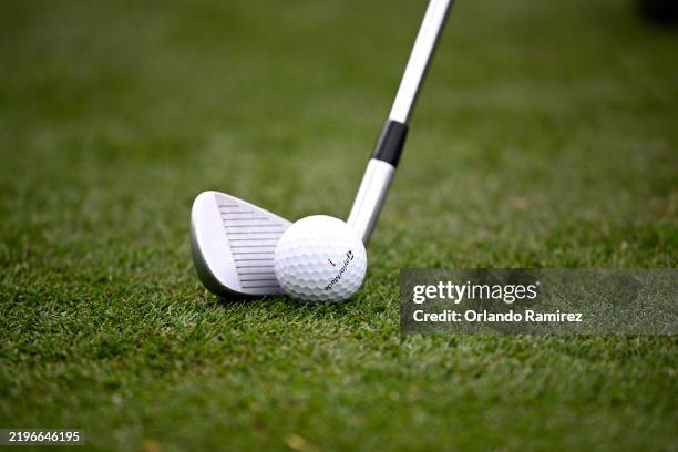Detailed view of the iron and Taylor Made ball of Nick Dunlap of the United States prior to the AT&T Pebble Beach Pro-Am 2025 at at Spyglass Hill...