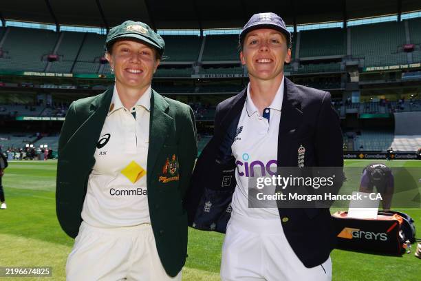 Alyssa Healy of Australia and Heather Knight of England at the coin toss during day one of the Women's Ashes Test Match between Australia and England...