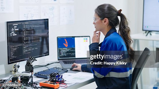 White woman engineer developer writing code on a computer robotics arm model prototype controlling motor control sensor for testing program mechanical engineering and software development White woman engineer developer writing code on a computer robotics arm model prototype controlling motor control sensor for testing program mechanical engineering and software development