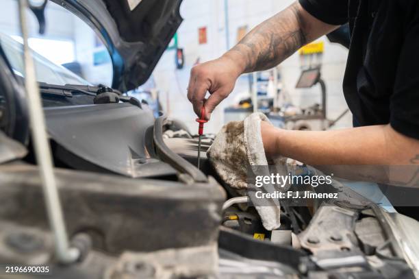 close-up of mechanic's hands checking car oil in workshop - pieza de máquina fotografías e imágenes de stock