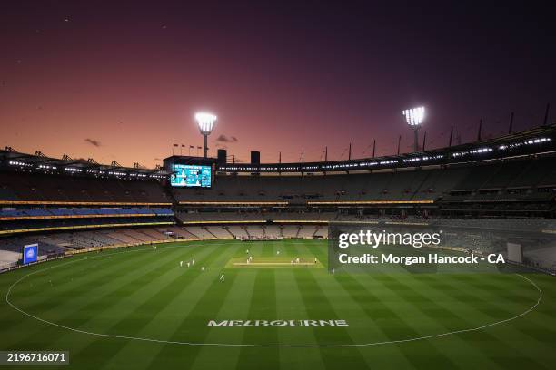 General view of sunset during day one of the Women's Ashes Test Match between Australia and England at Melbourne Cricket Ground on January 30, 2025...