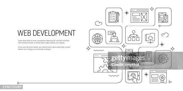 web development line icon set. developer, coding, landpage, seo, network server. - code java script stock illustrations