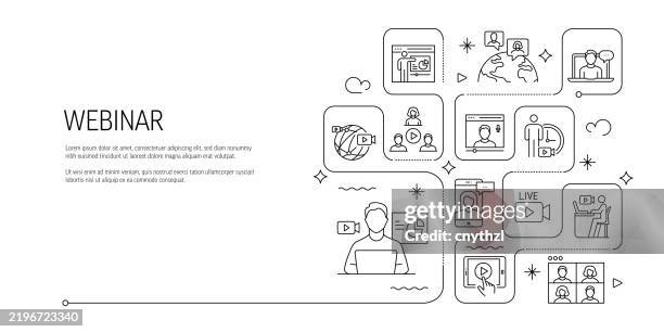 webinar line icon set. connection, technology, web conference, video call. - web conference stock illustrations