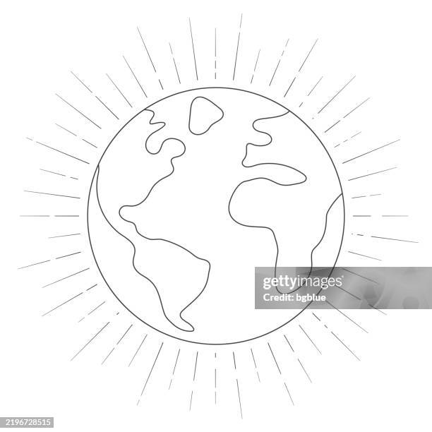 world - planet earth. line icon with sunbursts on white background - sphere logo stock illustrations