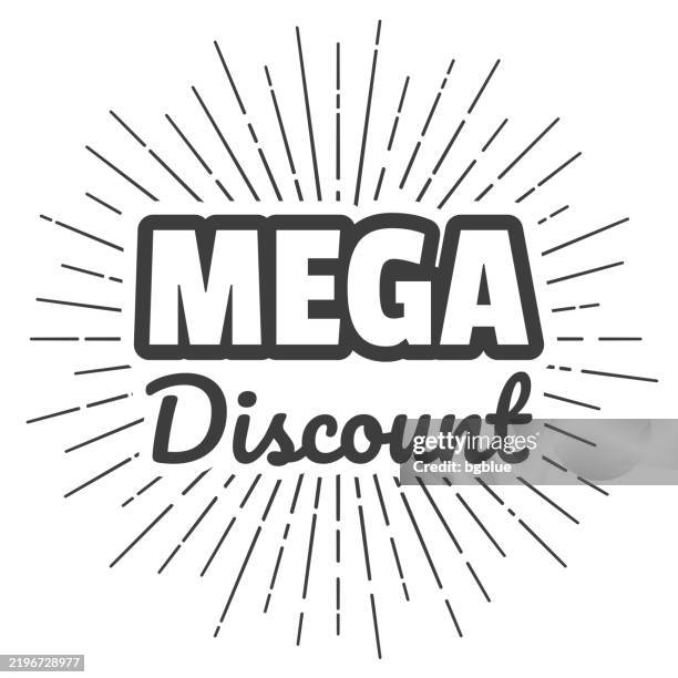 mega discount. icon with sunbursts on white background - large purchase stock illustrations