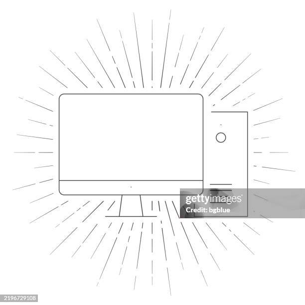 desktop computer. line icon with sunbursts on white background - vintage computer server stock illustrations