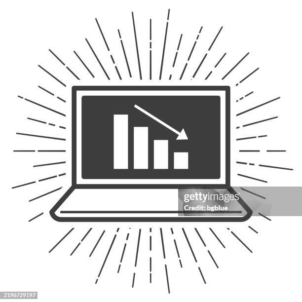 decreasing chart on laptop. icon with sunbursts on white background - recessed lighting stock illustrations