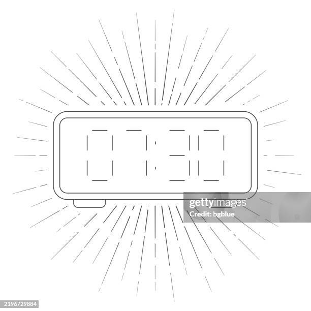 digital clock. line icon with sunbursts on white background - digital clock stock illustrations