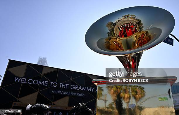 Grammy statue is displayed on the red carpet ahead of the arrivals for the 67th Annual Grammy Awards at the Crypto.com Arena in Los Angeles on...