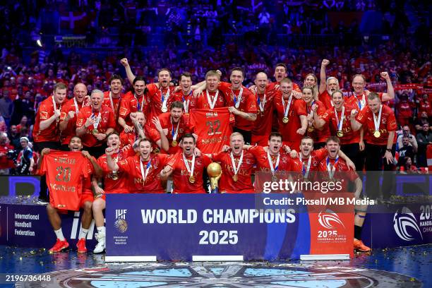 Team Denmark celebrates winning the gold medal after the presentation ceremony during the 29th IHF Men's World Championship final between Croatia and...