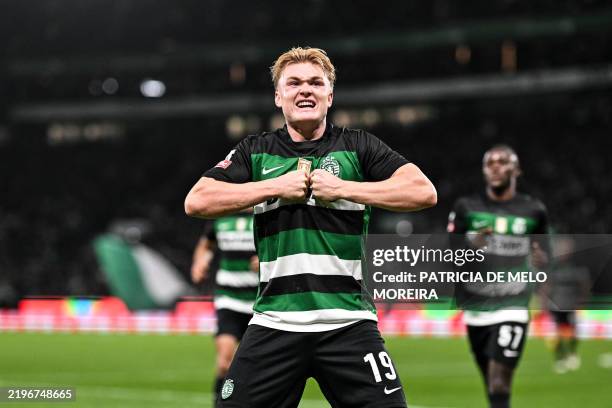 Sporting's Danish forward Conrad Harder celebrates scoring his team's third goal during the Portuguese league football match between Sporting CP and...