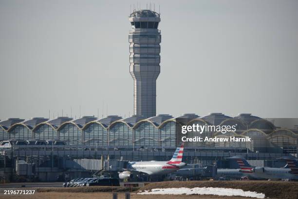 The control tower at the Reagan National Airport after the crash of an American Airlines plane on the Potomac River on approach to the airport on...